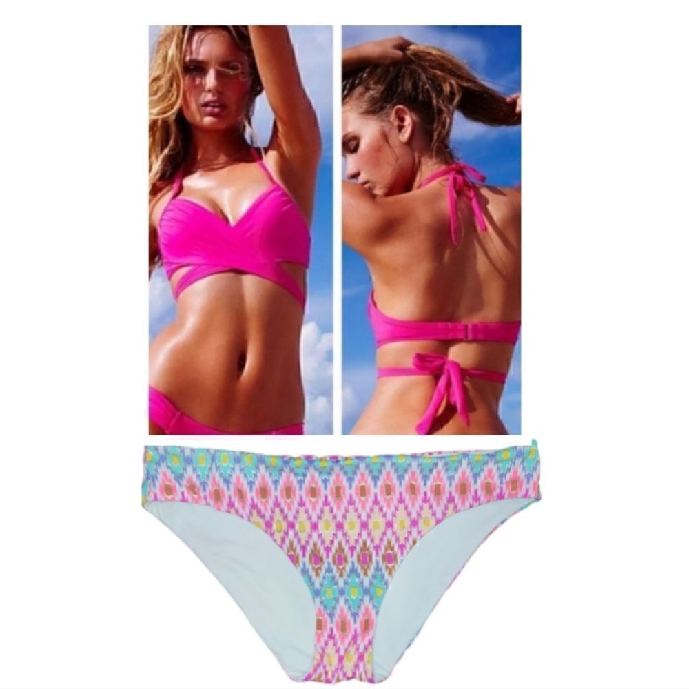 NWOT Victoria's Secret Hot Pink Wrap Around Halter Bikini Top and Bottoms 34B M